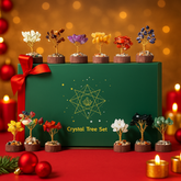 Mini crystal tree set of 12 with gemstone chips on wooden base in gift box